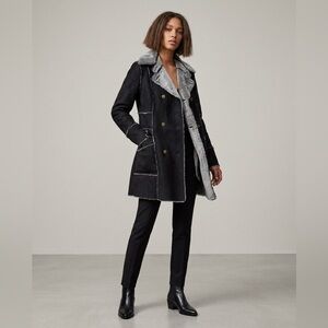 Trend b.p.c. Black Faux Fur Shearling Lined Coat Jacket L Gray Trim Long Winter